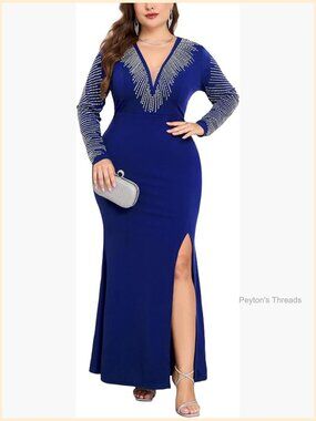 Plus Size Sparkly Deep V-Neck Formal Maxi Dress Long Sleeve Mermaid with Slit
